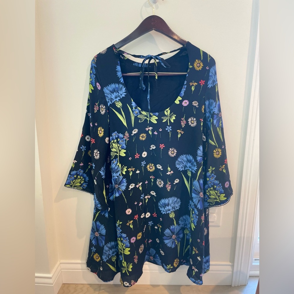 Anthro Maeve Black Floral Shift Dress Blue Yellow Mini 3/4 Sleeve - Picture 5 of 5